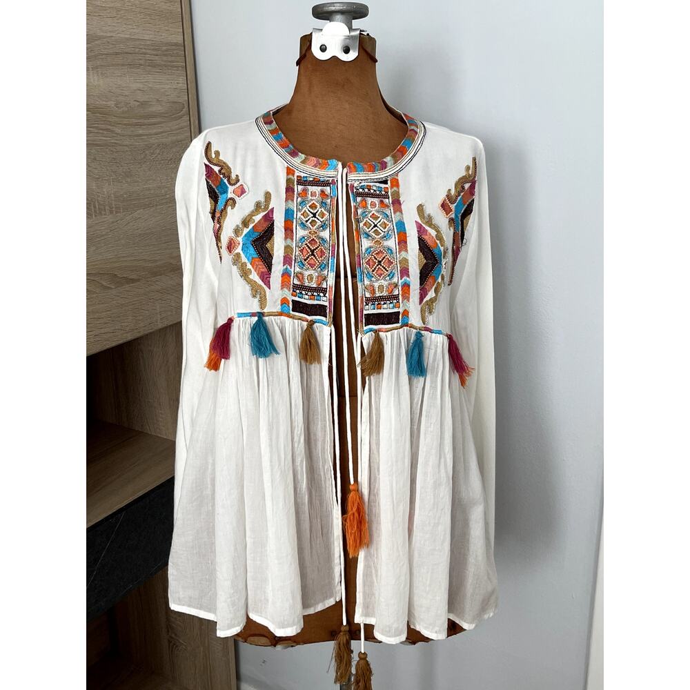 RD & Koko Sz S Tribal Tassel Top White Embroidered Boho Festival Granola Flowy